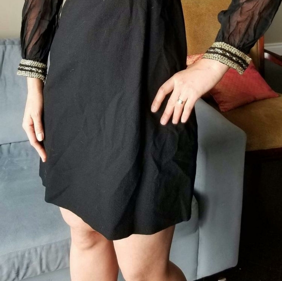 50's Gold Soutache Chiffon Balloon Sleeves Dress - Picture 2 of 9